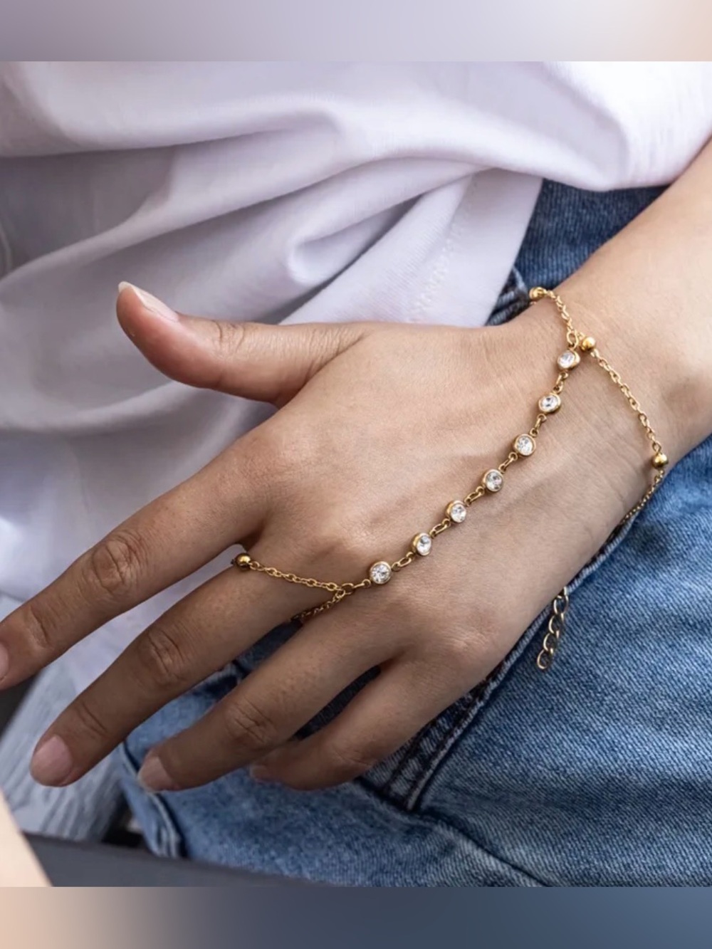 Gold PVD Stainless Steel Hand Chain Bracelet Ring | Adjustable